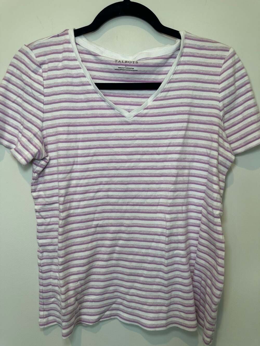 Talbots 100% Cotton Short Sleeve Striped V-Neck T-Shirt Size L White and Purple